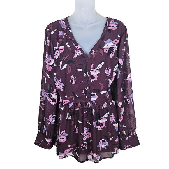 Lane Bryant Floral Blouse Womens 18 Lined Semi Sheer Career V-Neck Ruffle Party - Picture 1 of 14